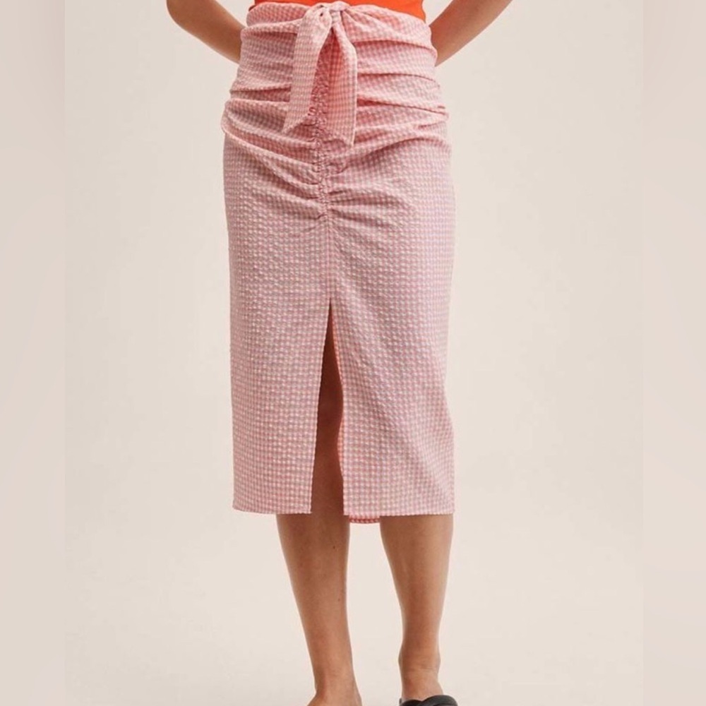 Mango NWT Falda Gingham Tie Front Midi Pencil Skirt in Sienna Peach and White